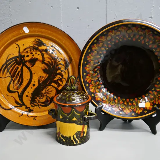 3 hand painted studio pottery items - European (Swiss?) lidded pot and plate, and a fish design plate D-280
