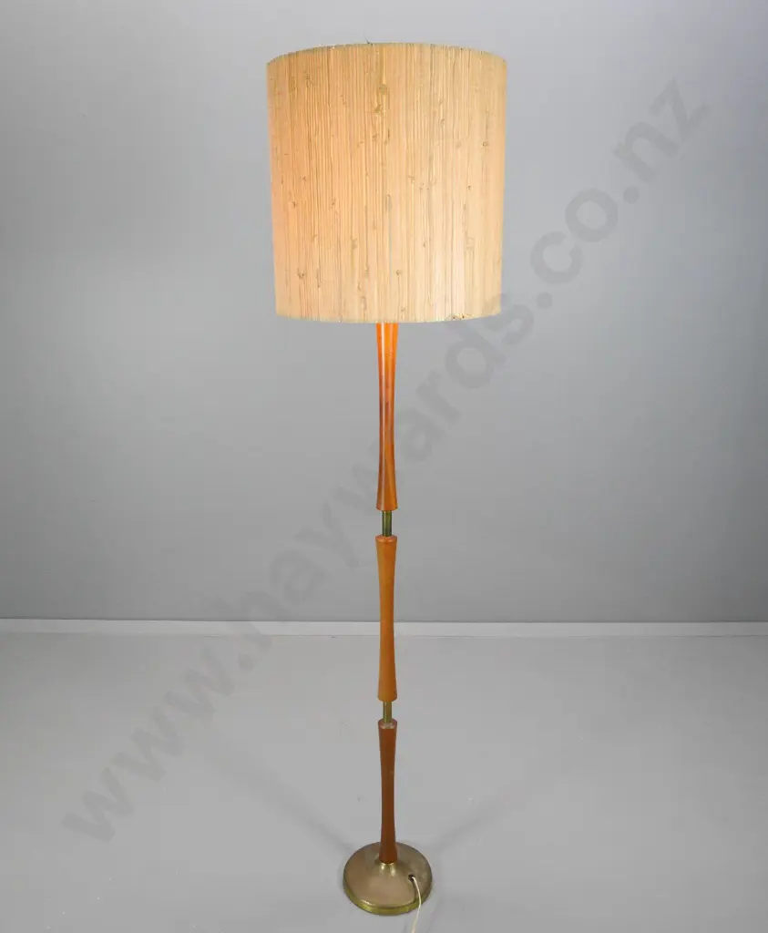 mid-century retro timber with brass inserts standard lamp with grass over fabric shade H1710 Shade D400 Image 1++