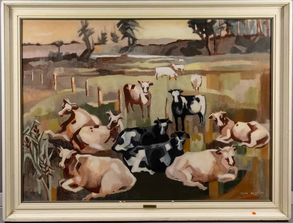 Celina Ballantine - framed oil - cows (extensive crazing) H-630 W-830 Image 1++