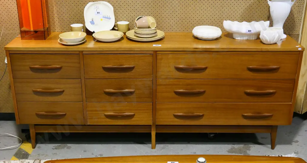 mid-century mahogany 9-drawer low-boy dresser H-720 W-1760 D-350 Image 1++