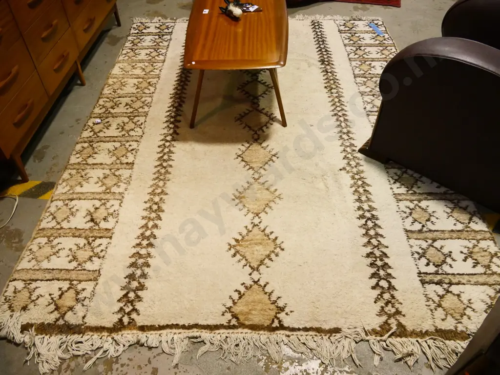 hand-knotted wool floor rug - cream and brown - needs cleaning L2350 W1810 Image 1++