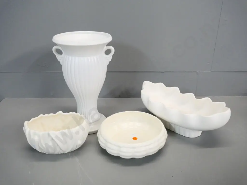 4 white vases - Crown Lynn, one marked New Zealand H-280, Sylvac and Beswick Image 1++