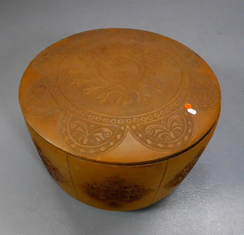 mid-century embossed faux leather round storage ottoman with lift off lid, ball feet H300 D470 Image 1++