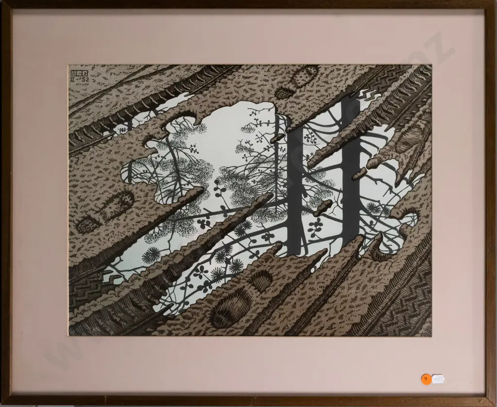 framed MC Escher print - trees in puddle H-350 W-480 Image 1++