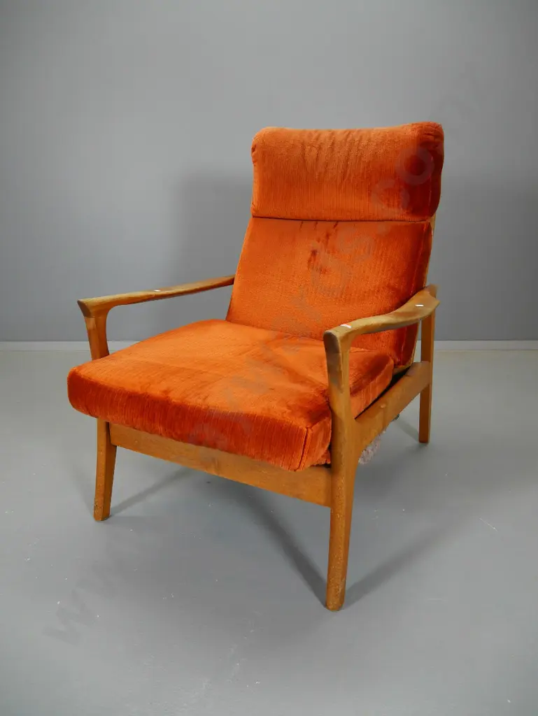 mid-century Don-style lounge chair mahogany frame, velvet upholstery, polish needs work H930 W670 D800 Image 1++