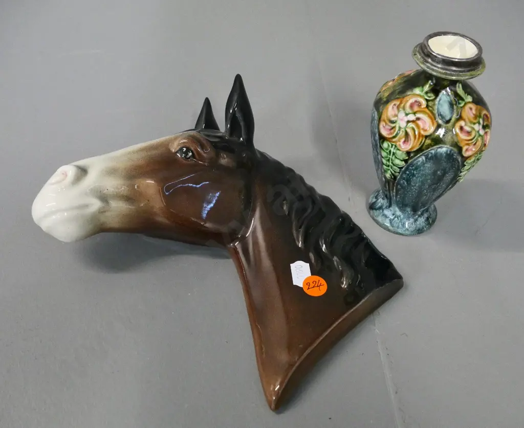 ceramic wall-hanging horse-head, no maker's mark, H-200 and a small sterling silver-topped vase Image 1++