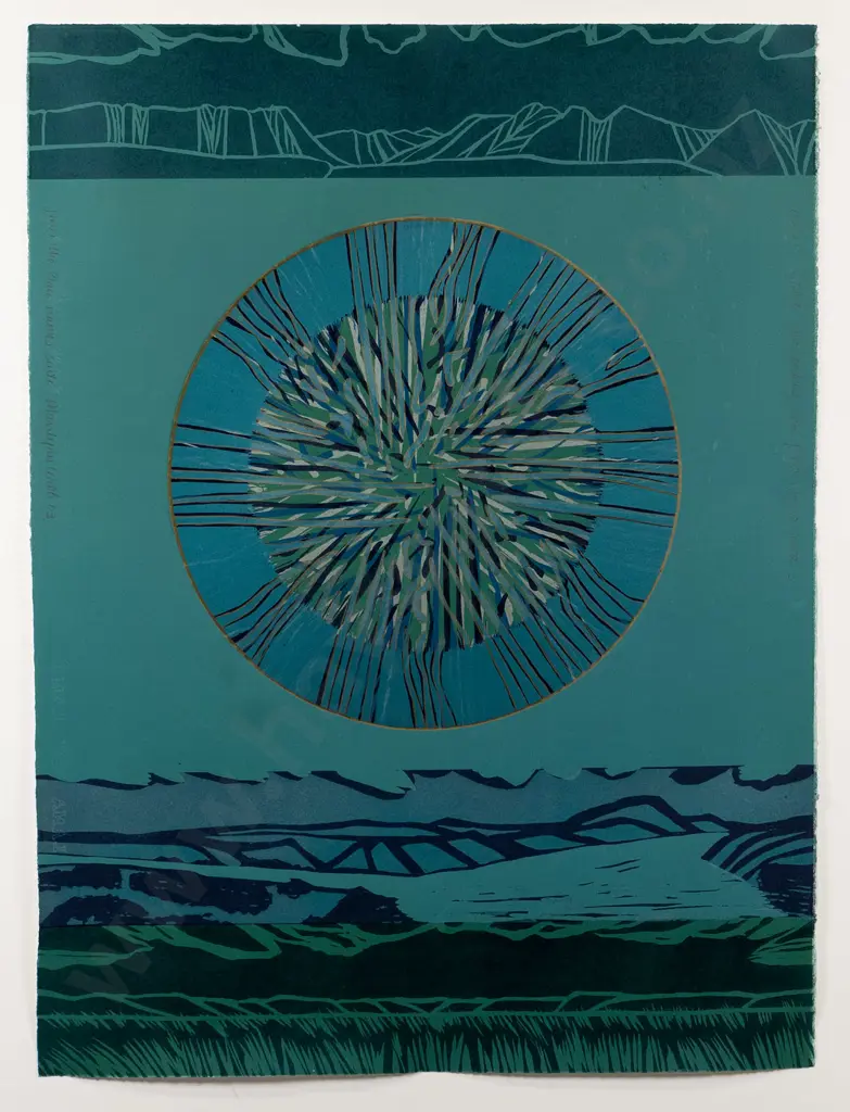 Marilynn Webb '03-framed, unglazed woodcut "Matau Clutha, the landing point of the Uruao waka 3" (marks) H-760 W-560 Image 1++