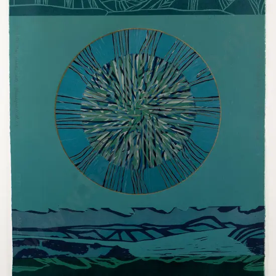 Marilynn Webb '03-framed, unglazed woodcut "Matau Clutha, the landing point of the Uruao waka 3" (marks) H-760 W-560
