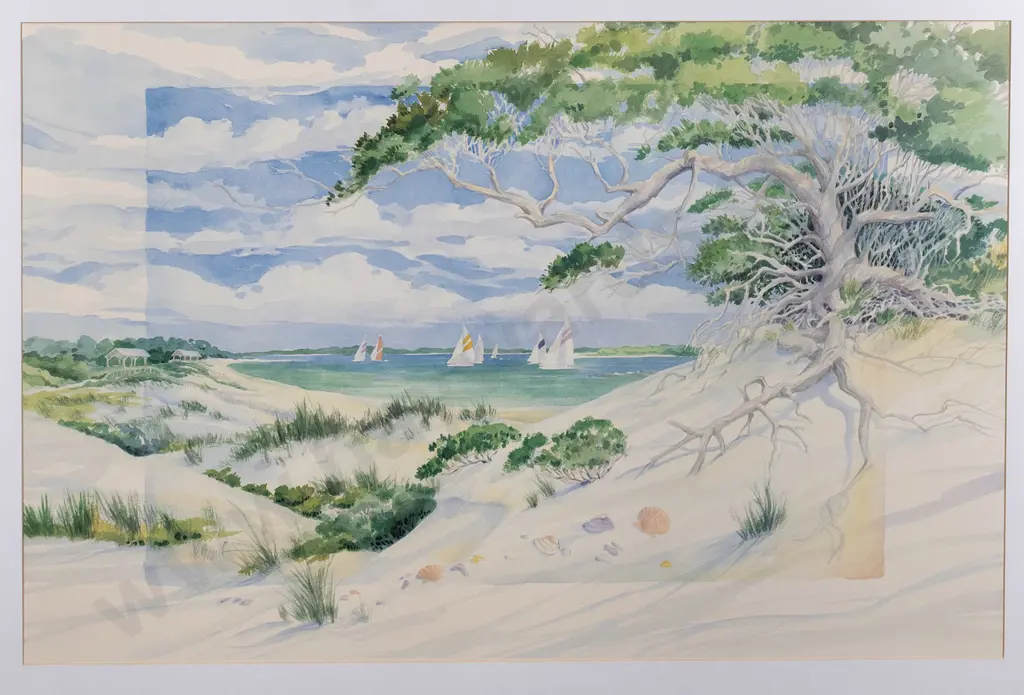 V Brent - framed watercolour - yachts on estuary H-570 W-880 Image 1++
