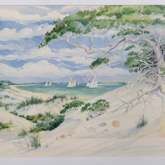 V Brent - framed watercolour - yachts on estuary H-570 W-880