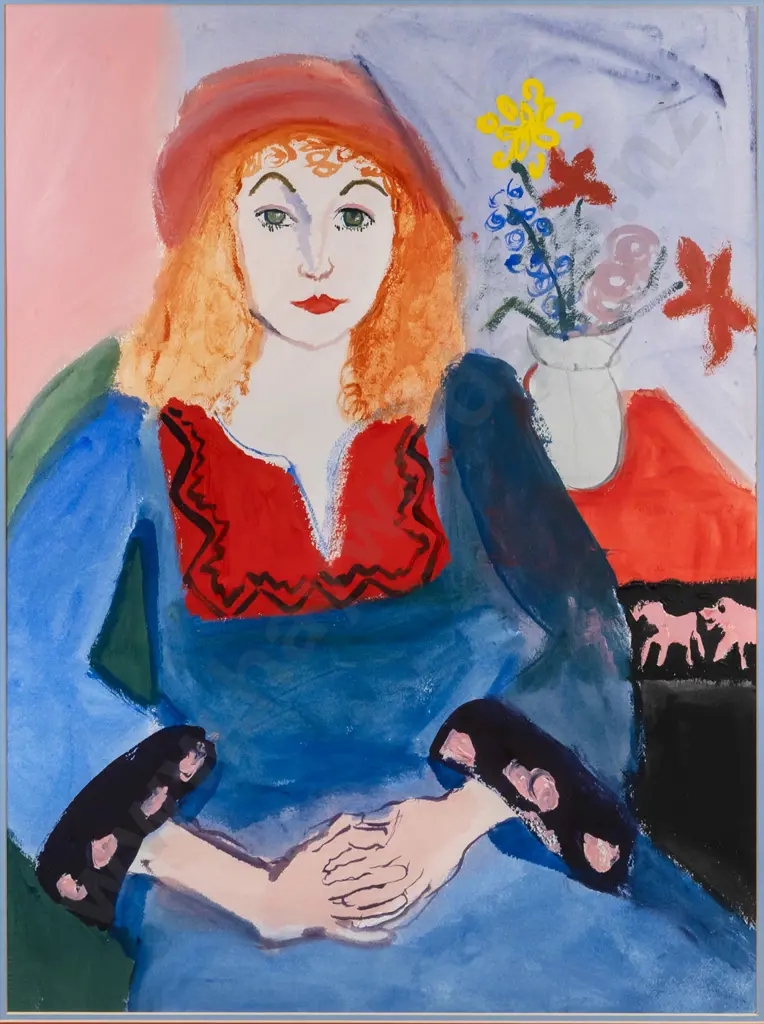 Annie Baird - framed watercolour "Juanita with flowers" H-740 W-550 Image 1++