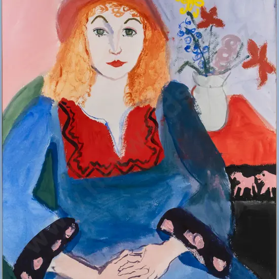 Annie Baird - framed watercolour "Juanita with flowers" H-740 W-550