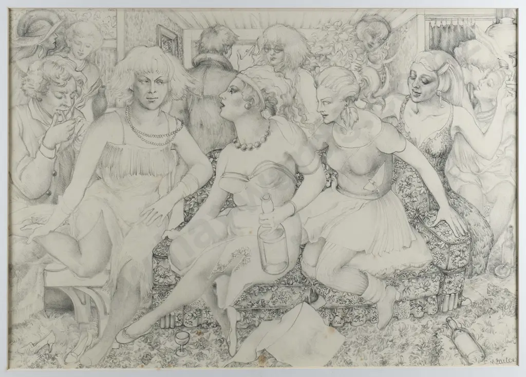 E Baxter 1990 - framed pencil on paper "Night Out Drawing" some foxing H-290 W-410 Image 1++