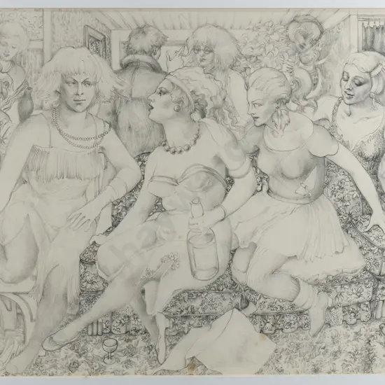 E Baxter 1990 - framed pencil on paper "Night Out Drawing" some foxing H-290 W-410