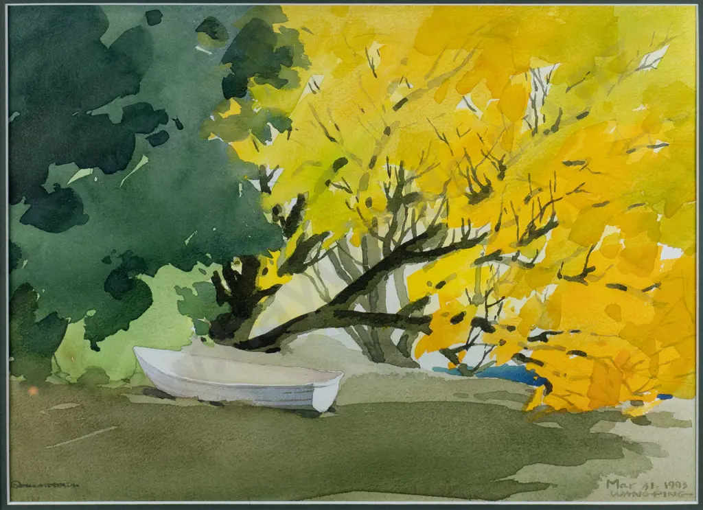 Wang Ping 1993 - framed watercolour "Queenstown Gardens" H-280 W-390 Image 1++