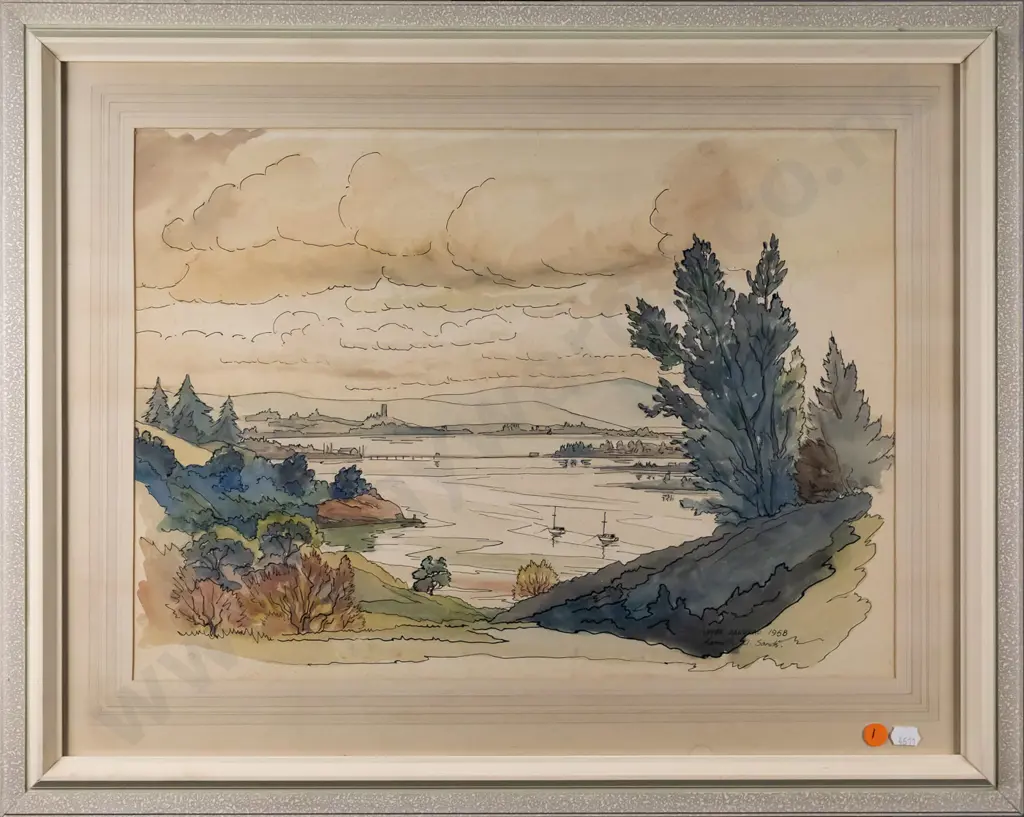 Kenneth A Sands 1958 - framed ink and watercolour "Upper Manakau" H-330 W-460 Image 1++