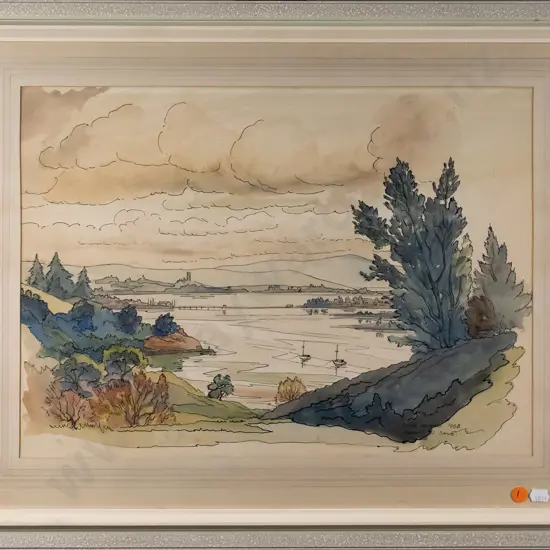 Kenneth A Sands 1958 - framed ink and watercolour "Upper Manakau" H-330 W-460