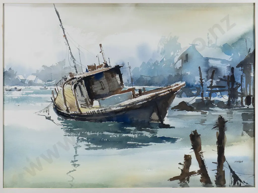 JK Reed - framed watercolour - boat on mooring H-540 W-740 Image 1++
