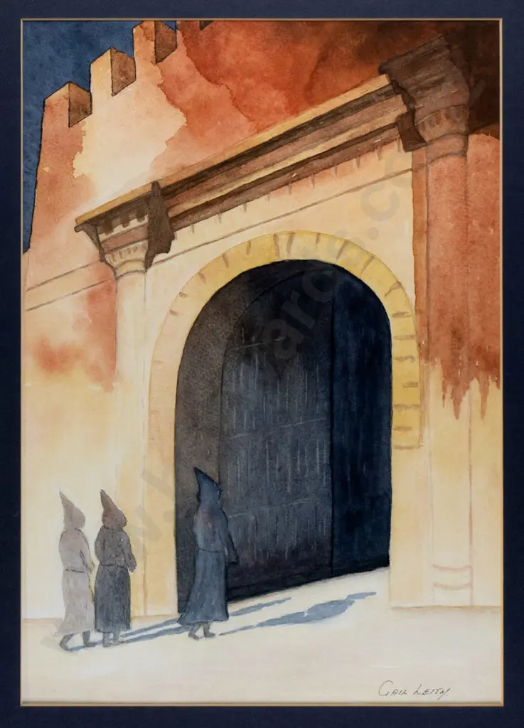Gail Leith - framed watercolour - hooded figures entering archway H-380 W-270 Image 1++