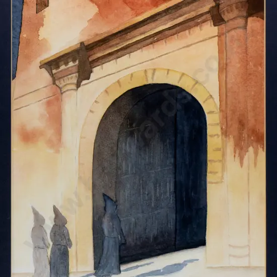 Gail Leith - framed watercolour - hooded figures entering archway H-380 W-270
