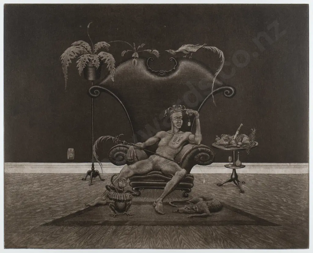 Kelvin Mann '99 - framed etching A/P "King for A Day" H-250 W-310 Image 1++
