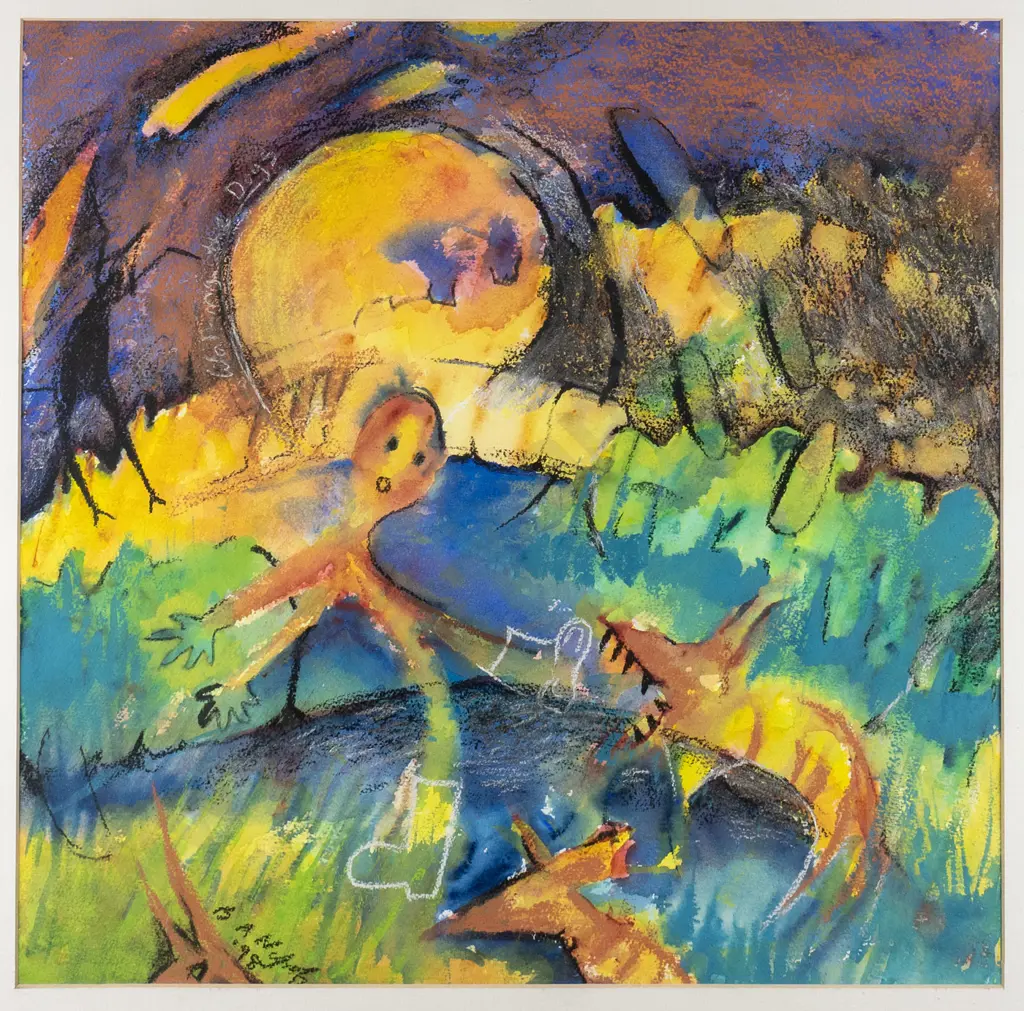 Brenda Nyhof - framed watercolour and pastel "Walking the Dogs" H-430 W-430 Image 1++