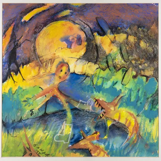 Brenda Nyhof - framed watercolour and pastel "Walking the Dogs" H-430 W-430