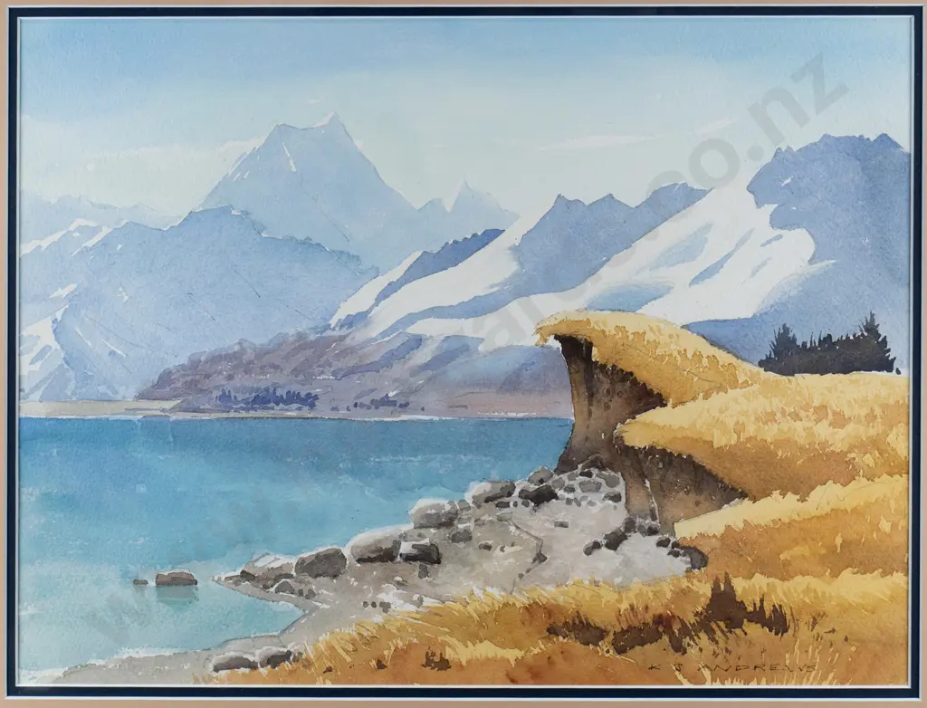KJ Andrews - framed watercolour - lake - mountain scene H-300 W-400 Image 1++
