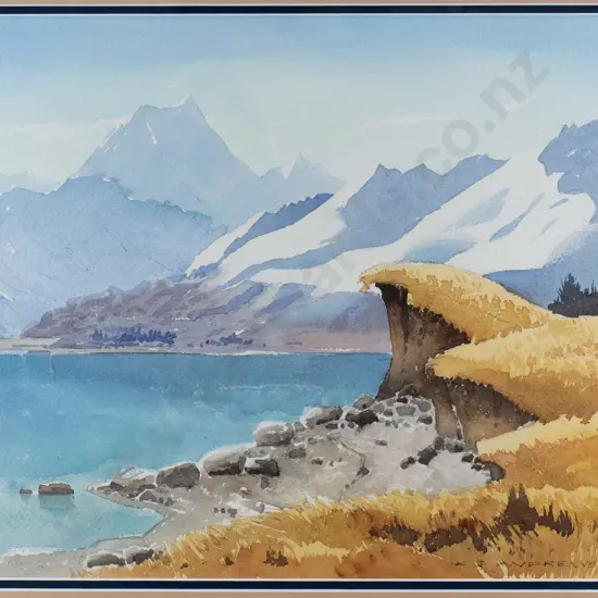 KJ Andrews - framed watercolour - lake - mountain scene H-300 W-400