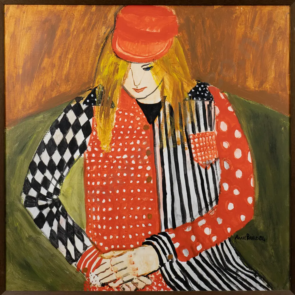 Annie Baird 1984 -framed acrylic on board "Emma in striped shirt" H-590 W-590 Image 1++
