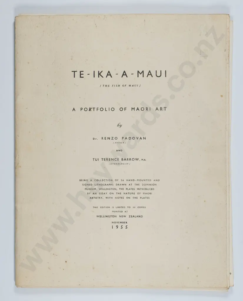 Te-ika-a Maui, "A portfolio of Maori Art' by Dr Renzo Padoban' 26 mounted & signed lithographs 1955, 18/35 Image 1++