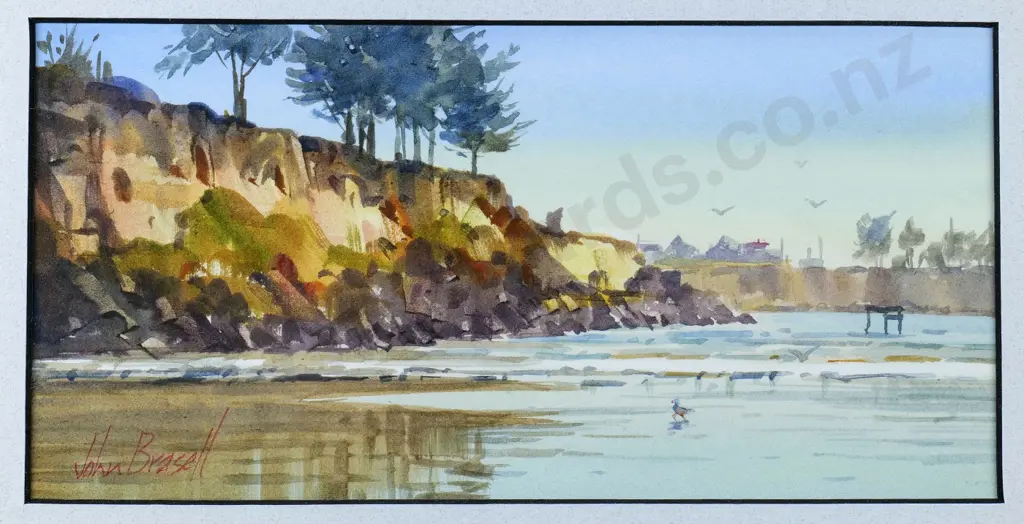 John Brassell - framed watercolour "Benvenue Cliffs Timaru" H-100 W-210 Image 1++
