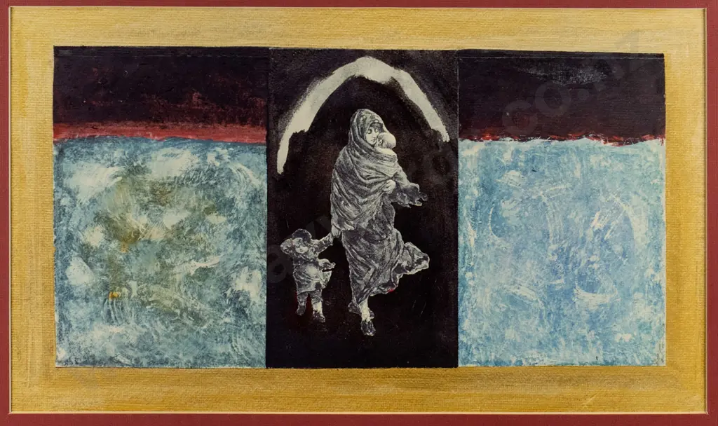 Brendon Lee 1990 - framed mixed media - "Human Pawns" H-280 W-470 Image 1++