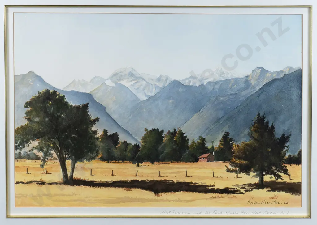 Ross Hunter '02 - framed watercolour - "Mount Tasman & Mount Cook from Fox West Coast" H-340 W-500 Image 1++
