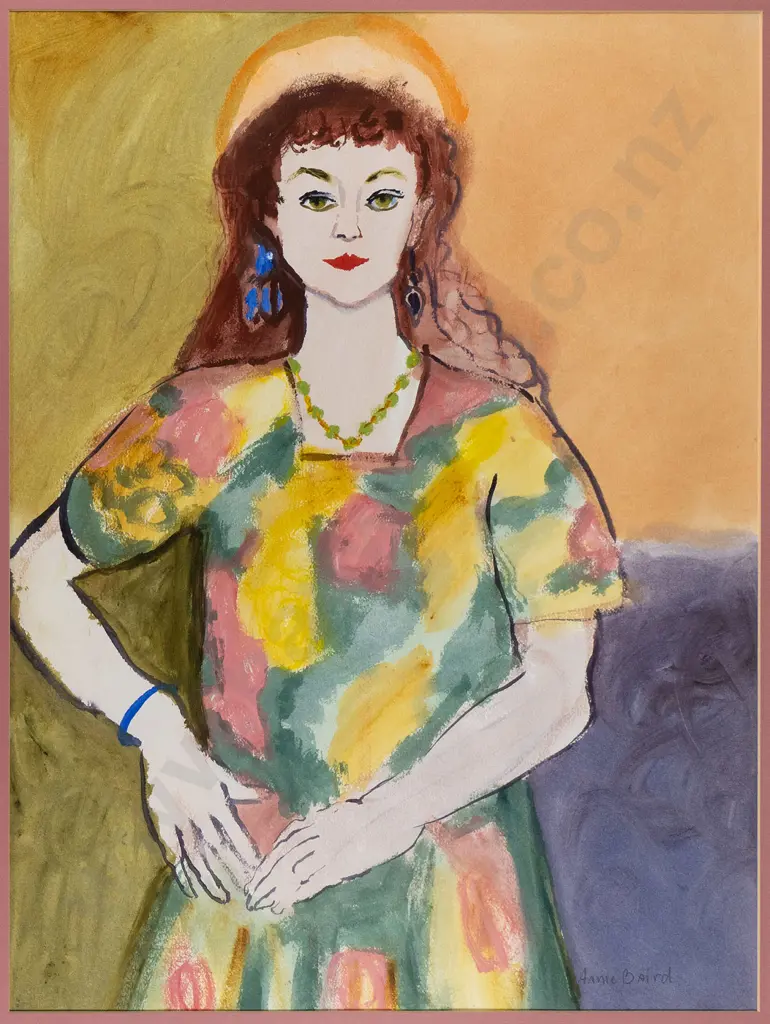 Annie Baird - framed watercolour -  "Elsa & green necklace" H-710 W-540 Image 1++
