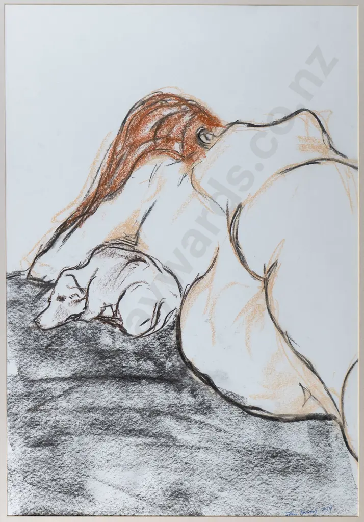 John Hardy 2019 - framed pastel - reclining nude & dog H-580 W-400 Image 1++