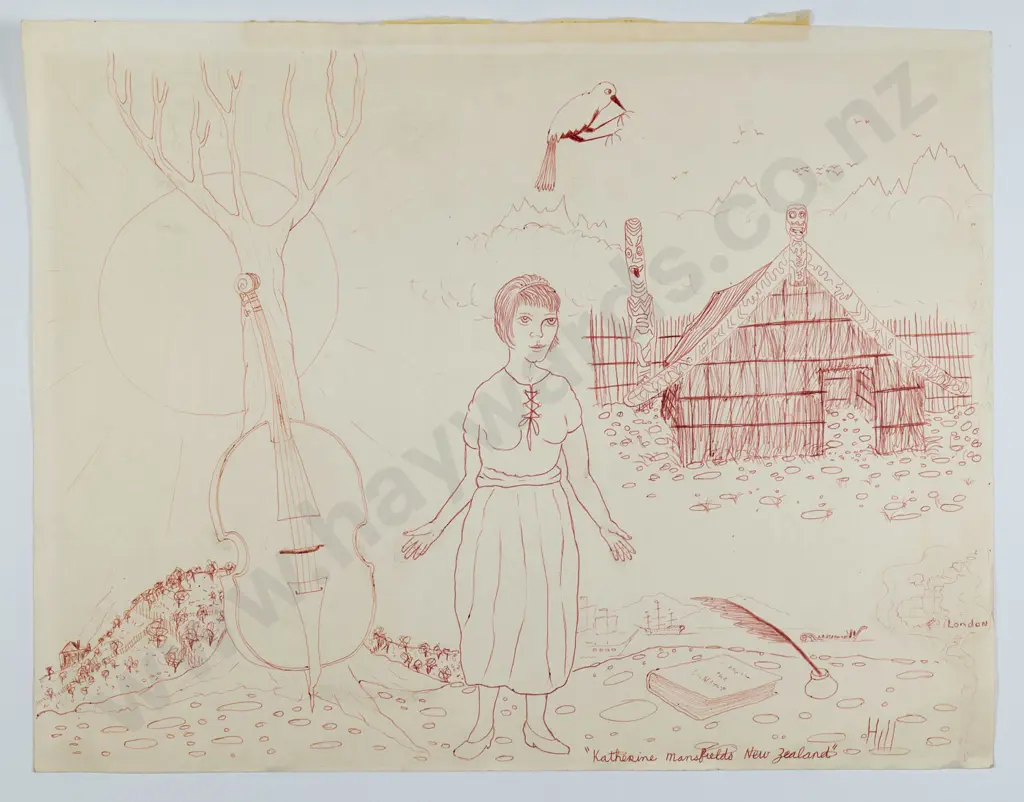Ivan Hill circa 1986 - unframed red in on paper - "Katherine Mansfields New Zealand" H-430 W-560 Image 1++