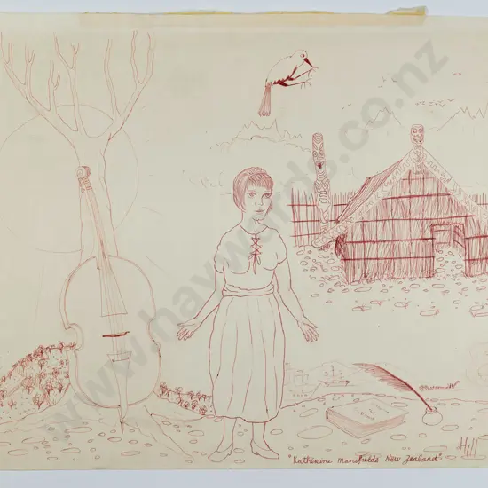 Ivan Hill circa 1986 - unframed red in on paper - "Katherine Mansfields New Zealand" H-430 W-560