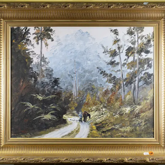unknown artist - framed oil - bush track H-350 W-440
