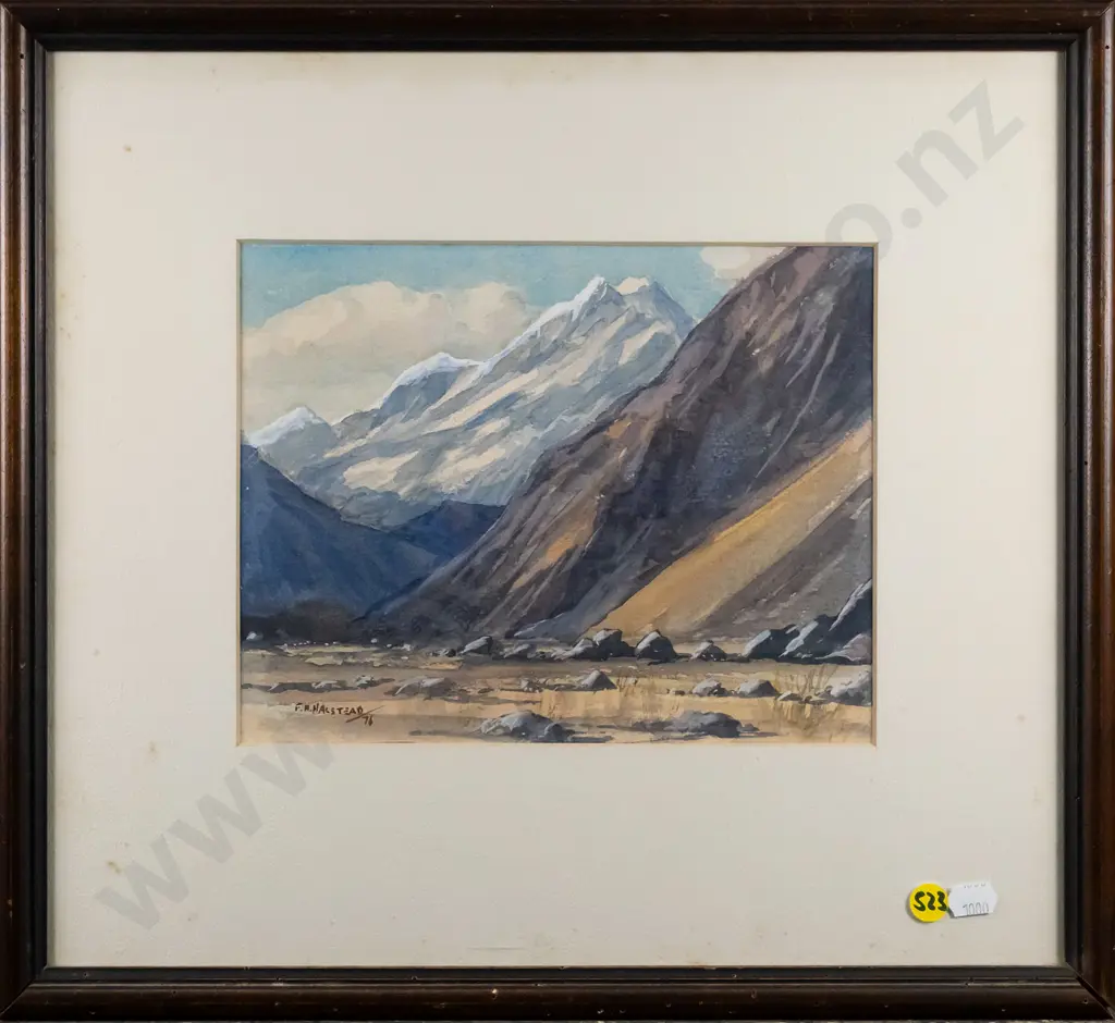 F Halstead '76 - framed watercolour - mountain scene H-180 W-220 Image 1++