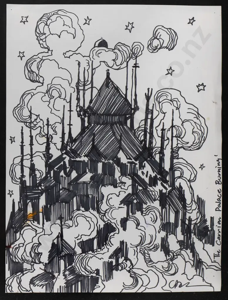 Clive Barker - framed ink on paper (sketch for painting) "The Carrion palace burning" H-360 W-270 Image 1++