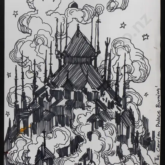 Clive Barker - framed ink on paper (sketch for painting) "The Carrion palace burning" H-360 W-270