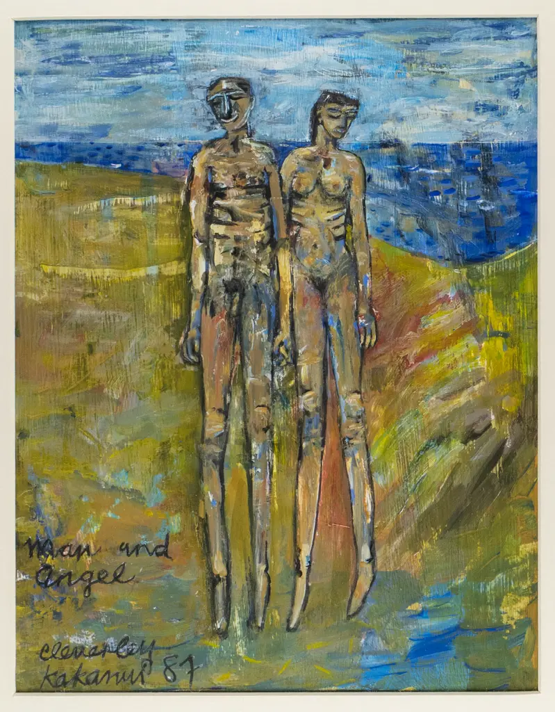 Peter Cleverley 1987 - framed acrylic on board - man & angel H-290  W-220 Image 1++