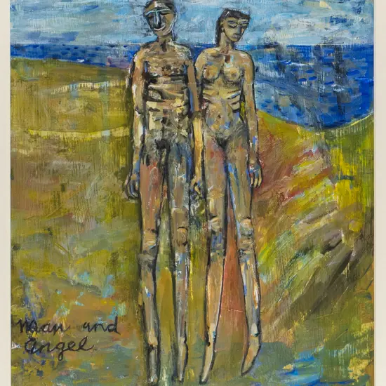 Peter Cleverley 1987 - framed acrylic on board - man & angel H-290  W-220