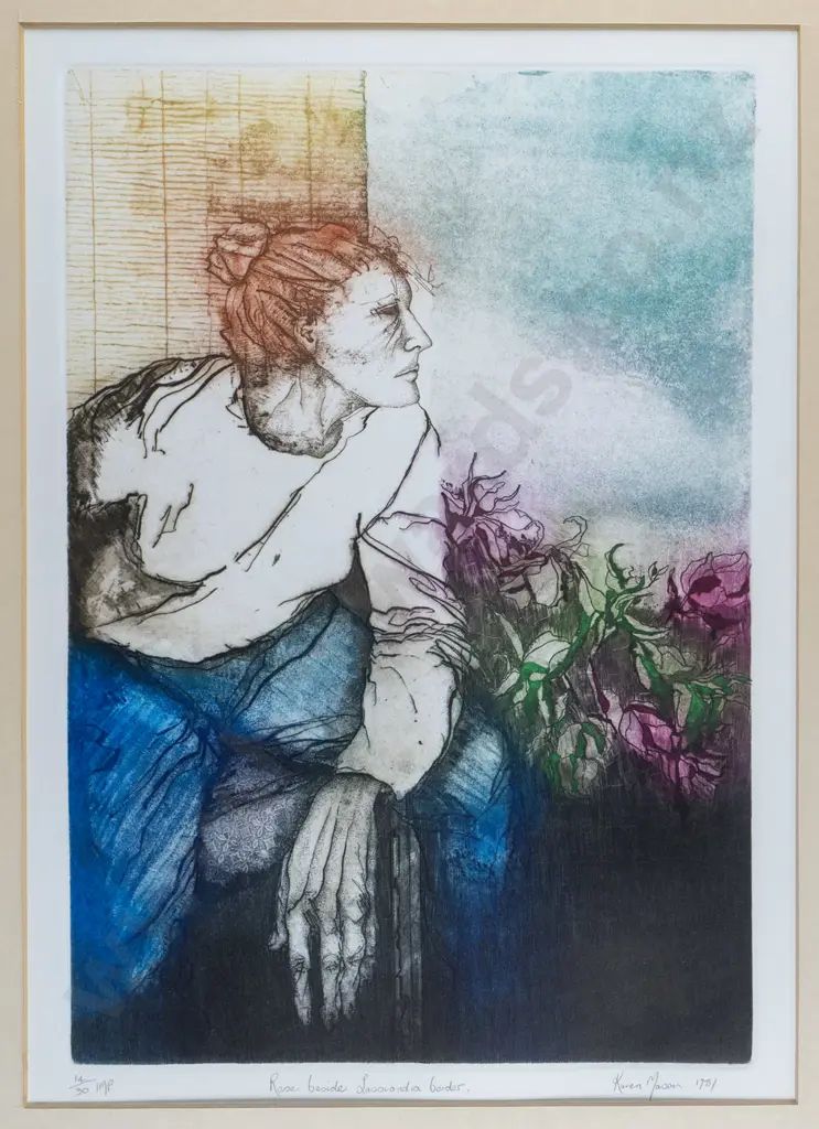 Karen Mason 1981 - framed ltd edition print 14/30 "Rose Beside Lasiandra Border" H-340 W-230 Image 1++