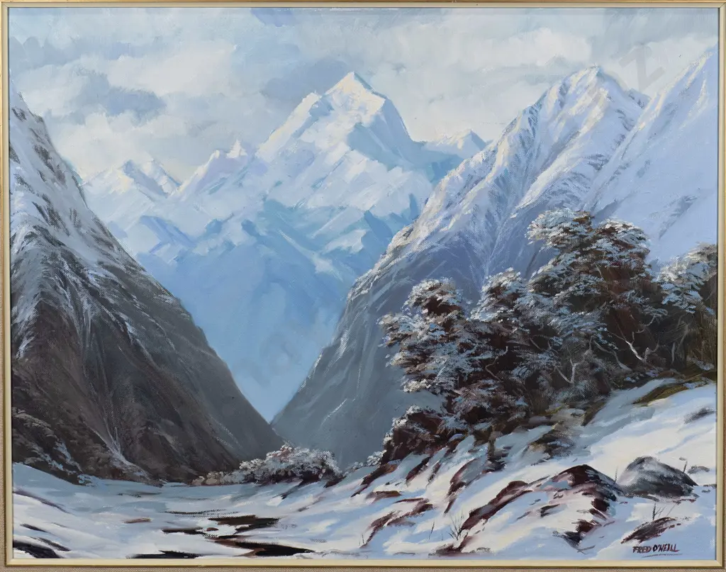 Fred O'Neill - framed oil - "Southern Alps Mount Cook from the west " H-540 W-690 Image 1++