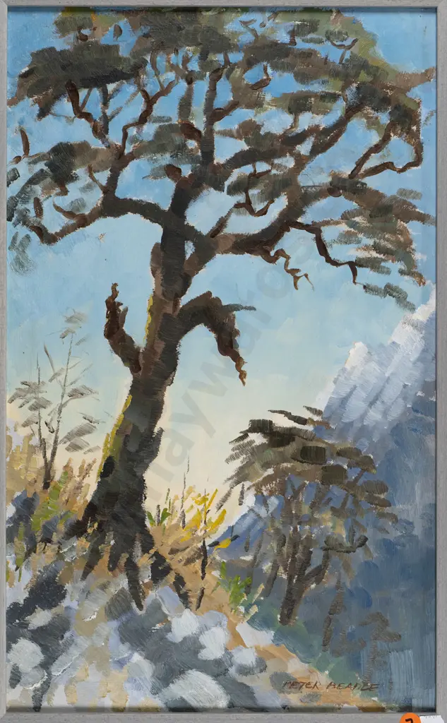 Peter Beadle - framed oil -tree & mountain scene H-470 W-280 Image 1++