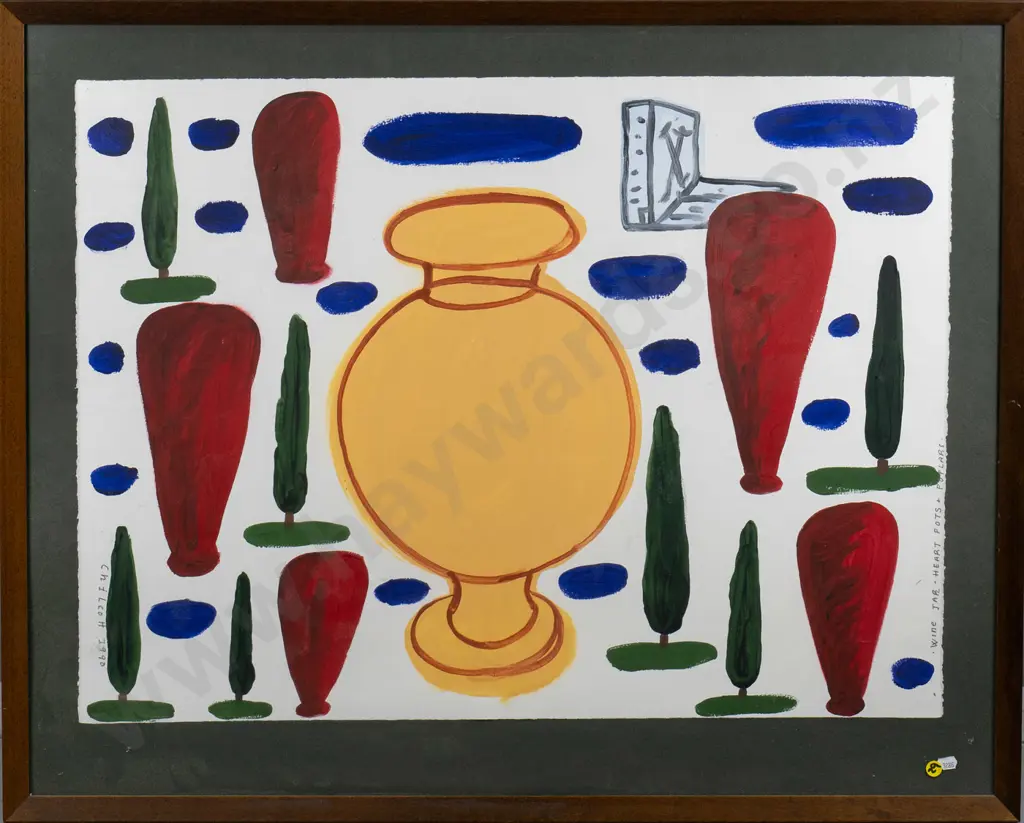 Chilcott 1990 - framed acrylic "Wine jar, heart pots + poplars" H-560 W-750 Image 1++