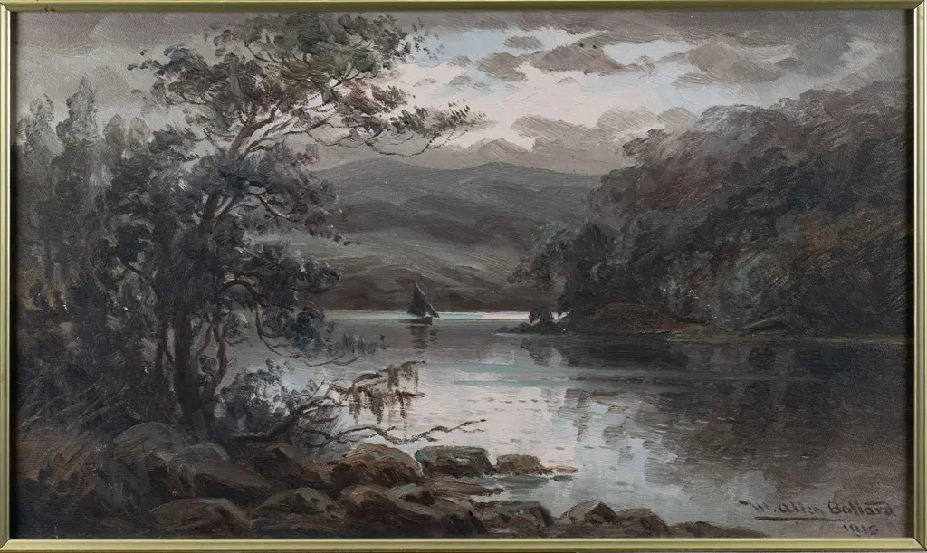W Allen Bollard 1915 -framed oil- boat on lake - some damage H-270 W-460 Image 1++