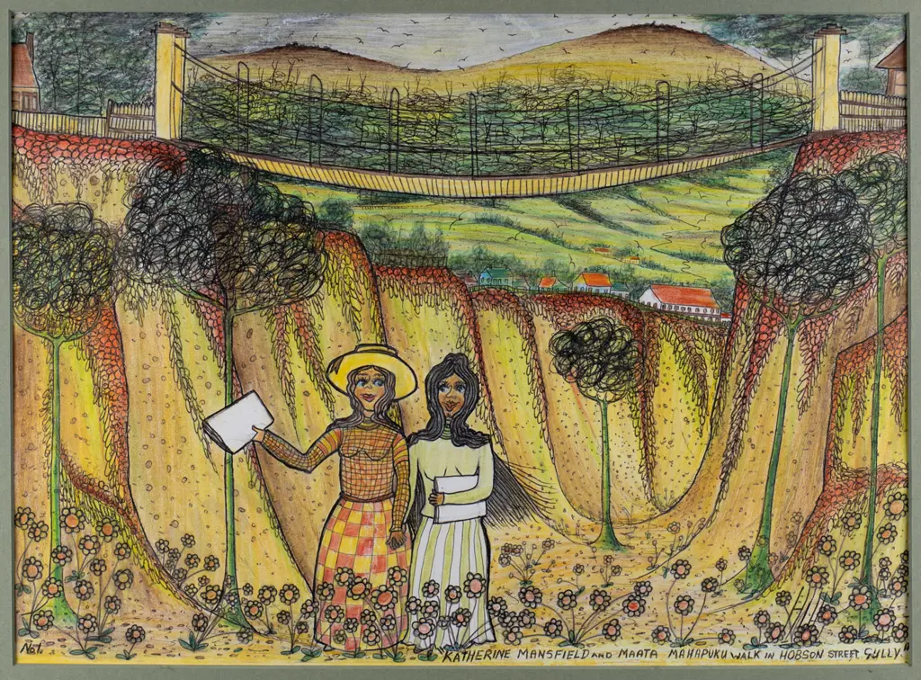 Ivan Hill - mounted ink and pencil "Katherine Mansfield and Maata Mahapuku Walk in Hobson Street Gully" H-280 W-380 Image 1++